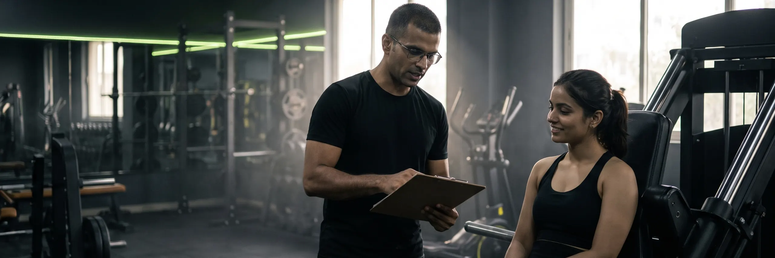 Trainer with a clipboard coaching a woman between sets