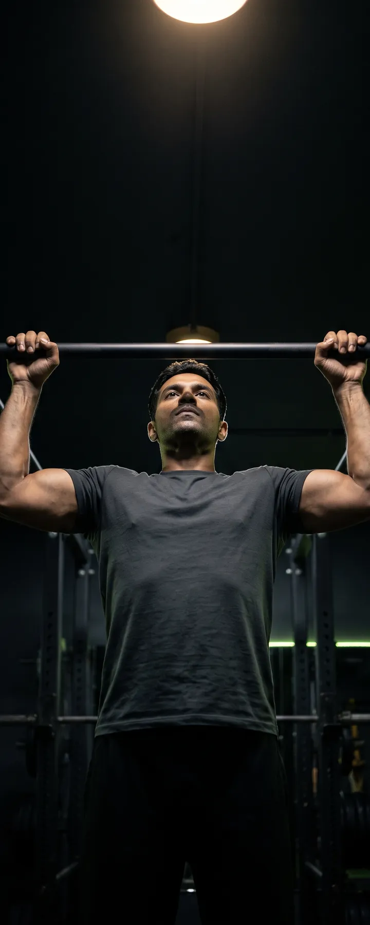 Man doing a pull-up, seen from below