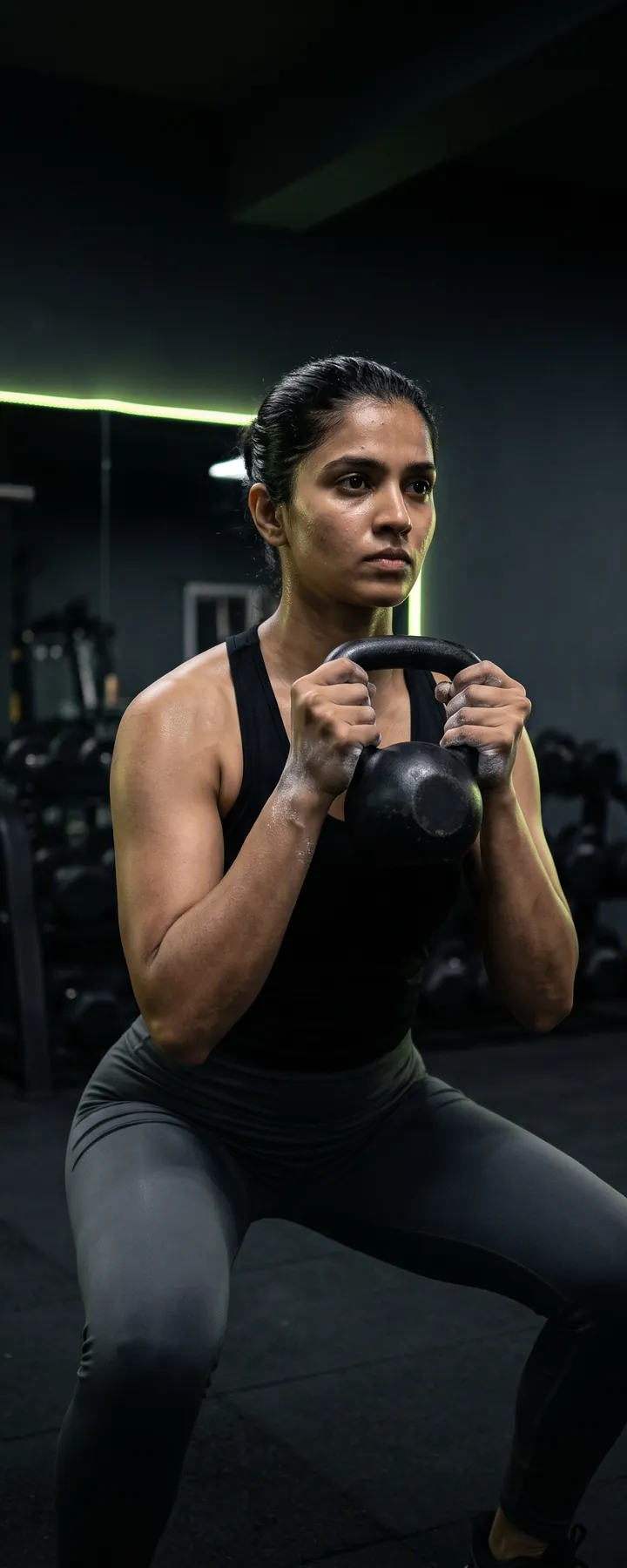 Woman holding a kettlebell in a goblet squat