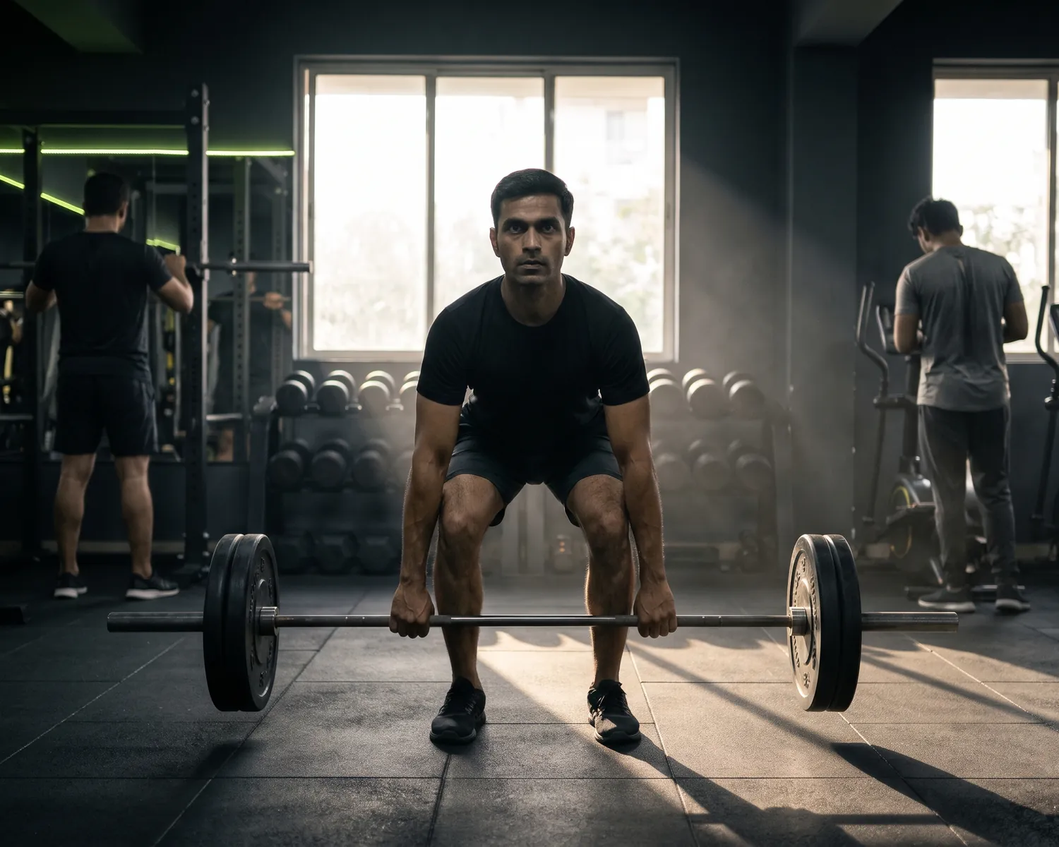 Man deadlifting a barbell in morning light