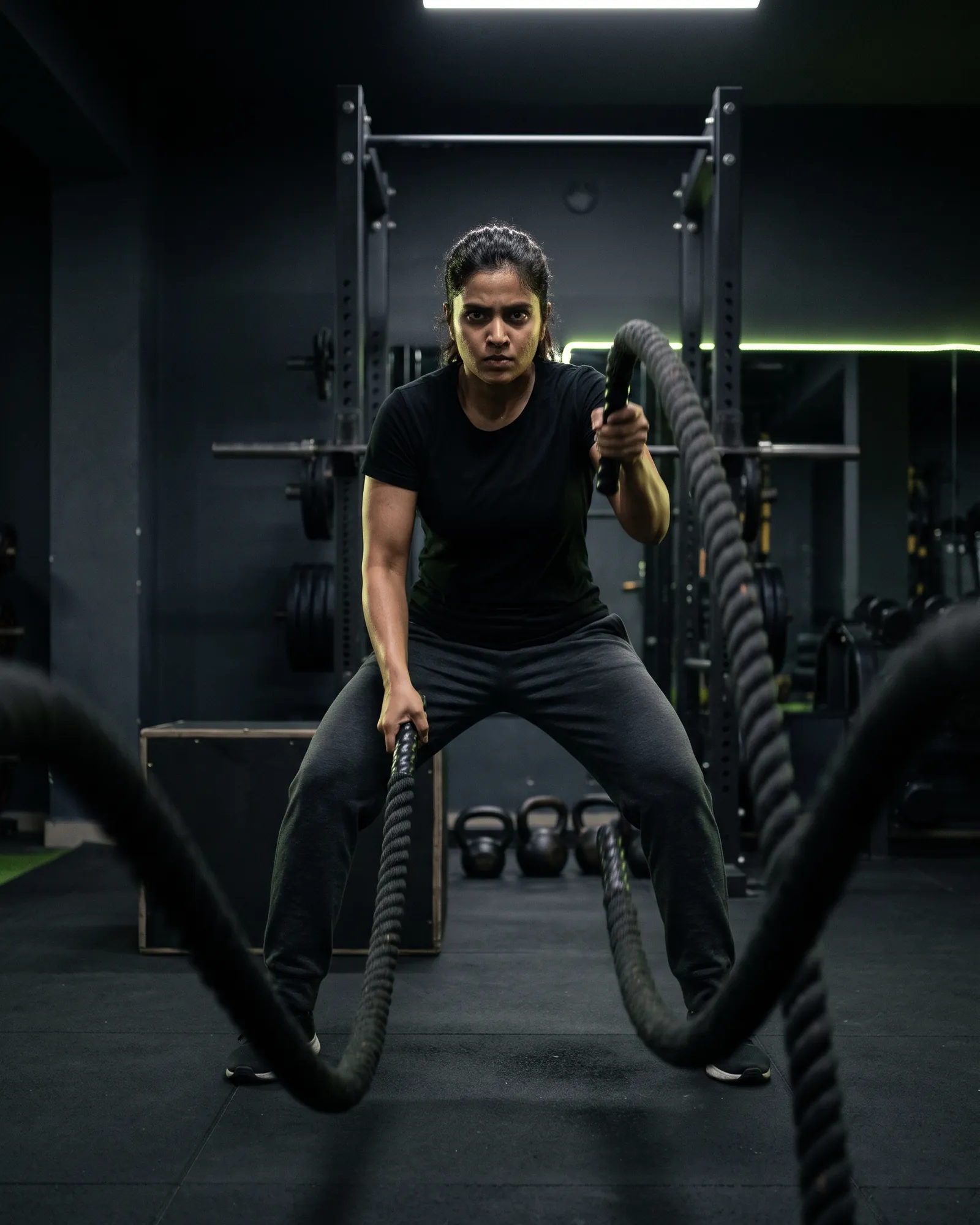 Woman training with battle ropes