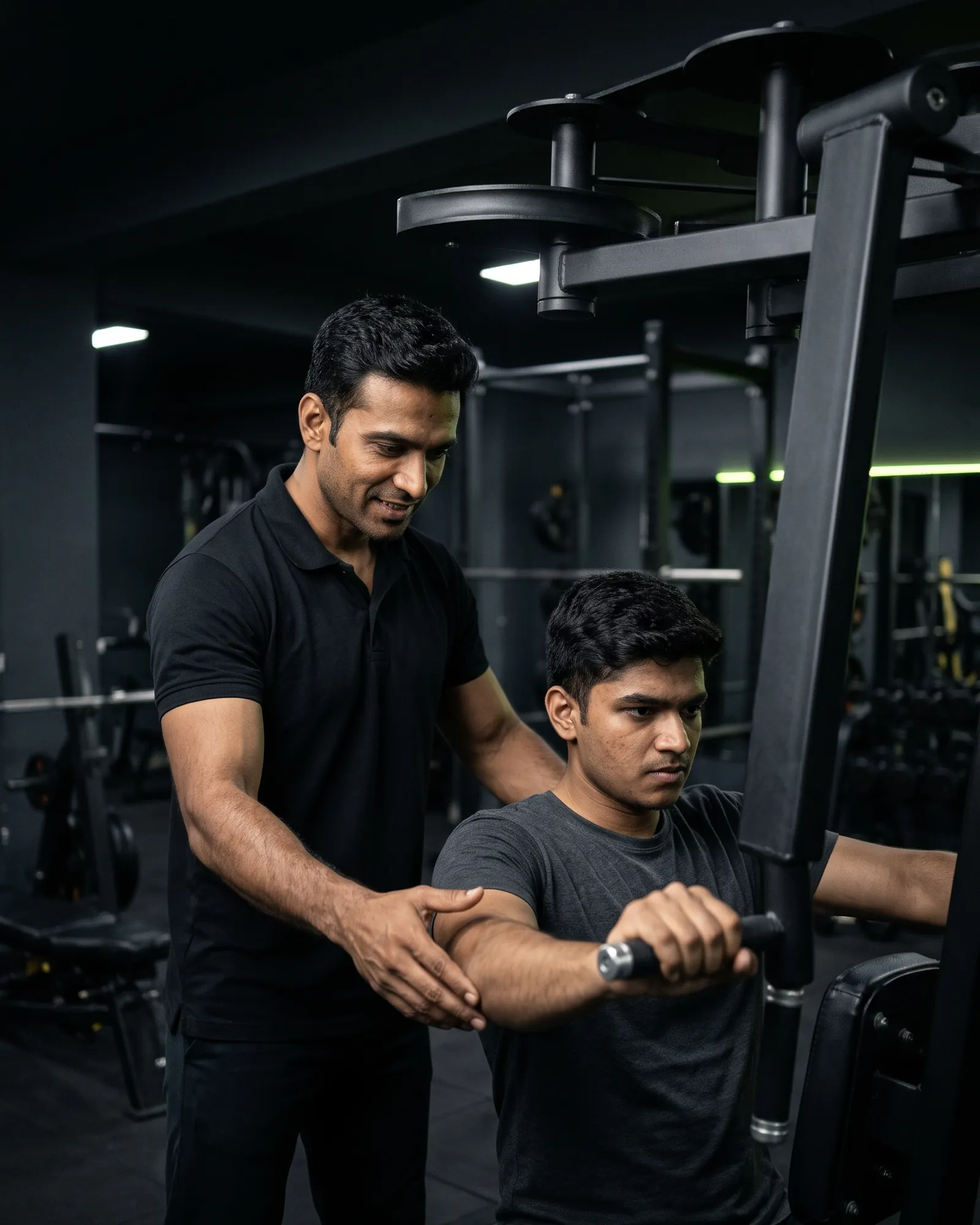 Personal trainer correcting a member's form on a chest press