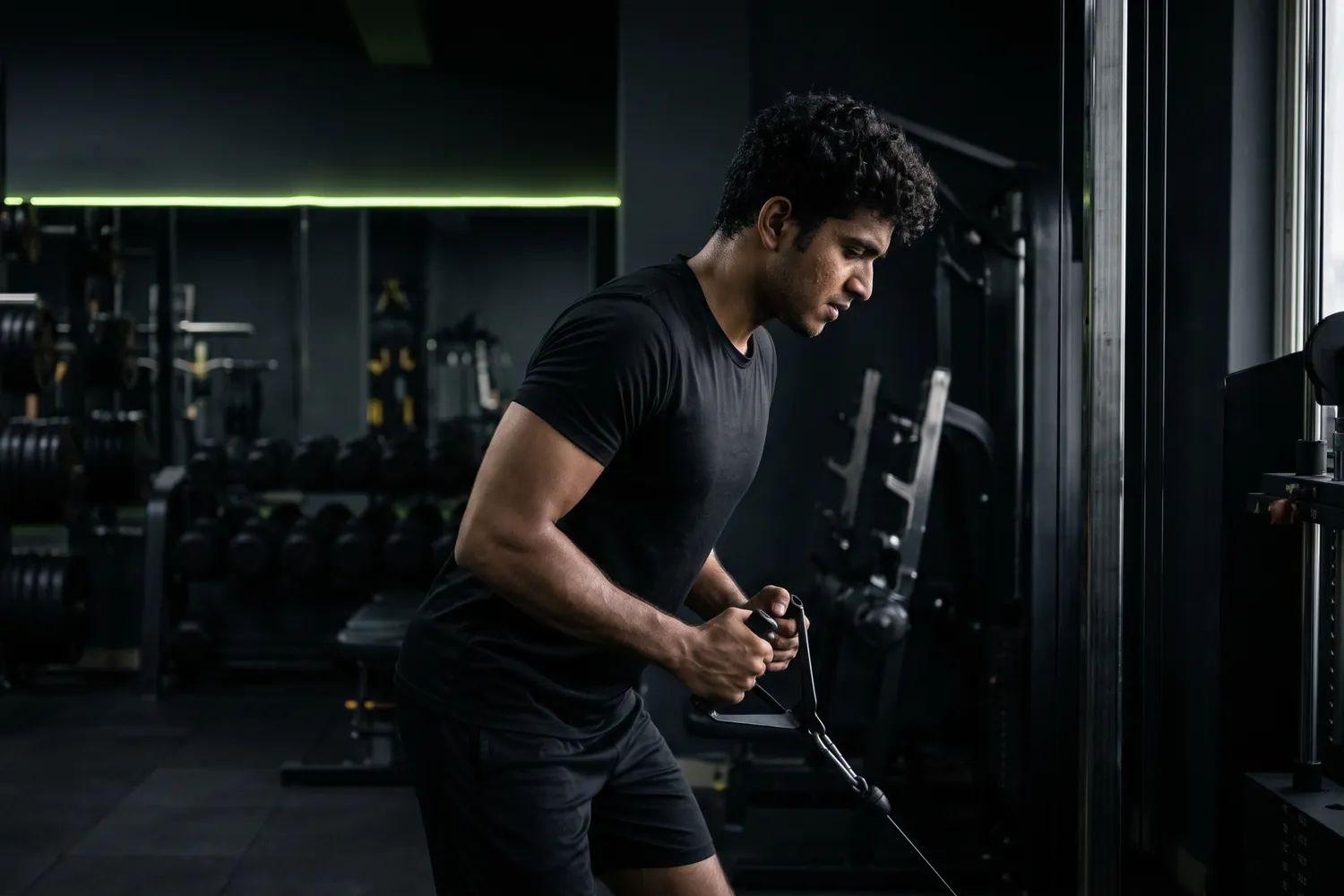 Young man doing a cable row