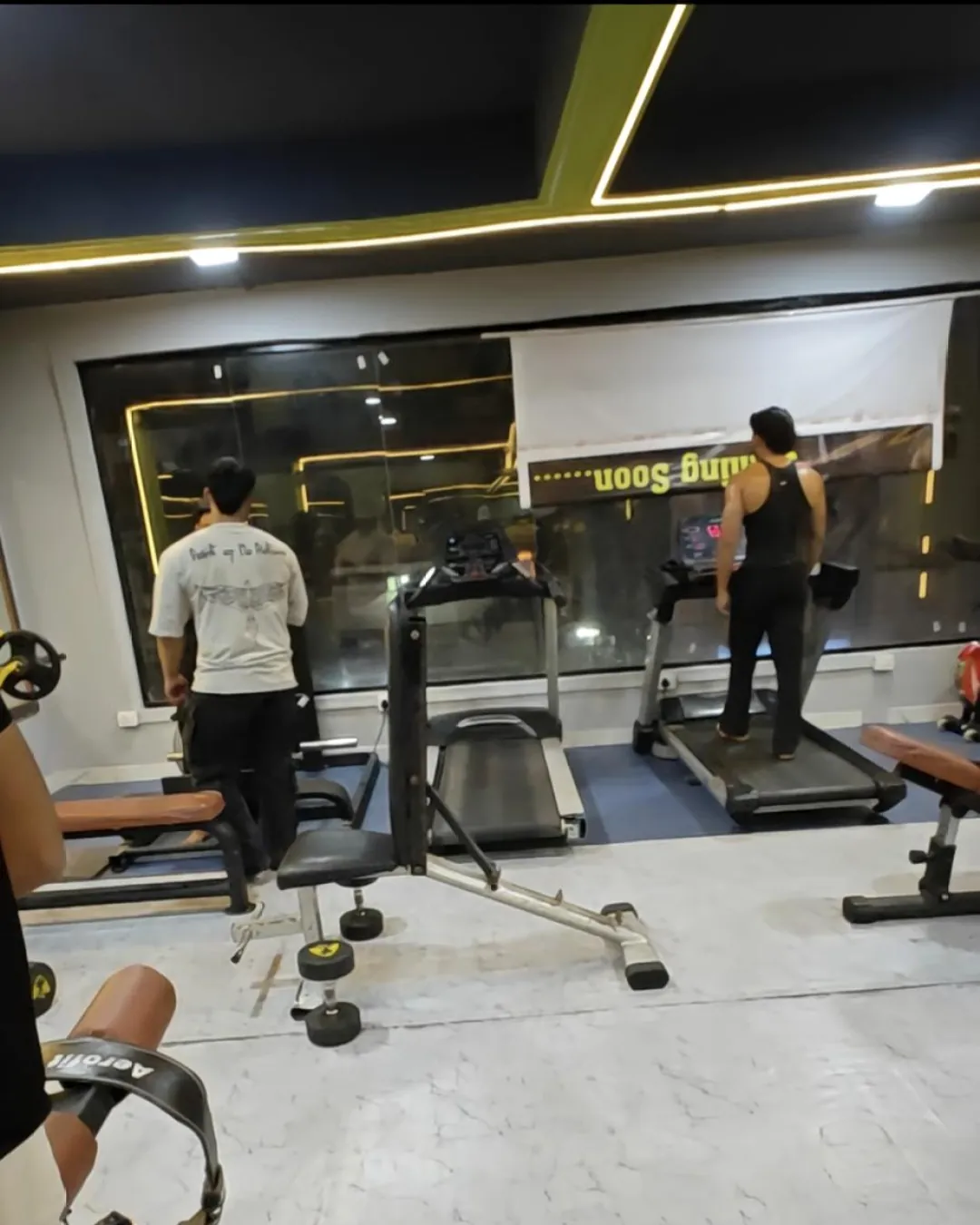 Members on treadmills by the window at Gym-18